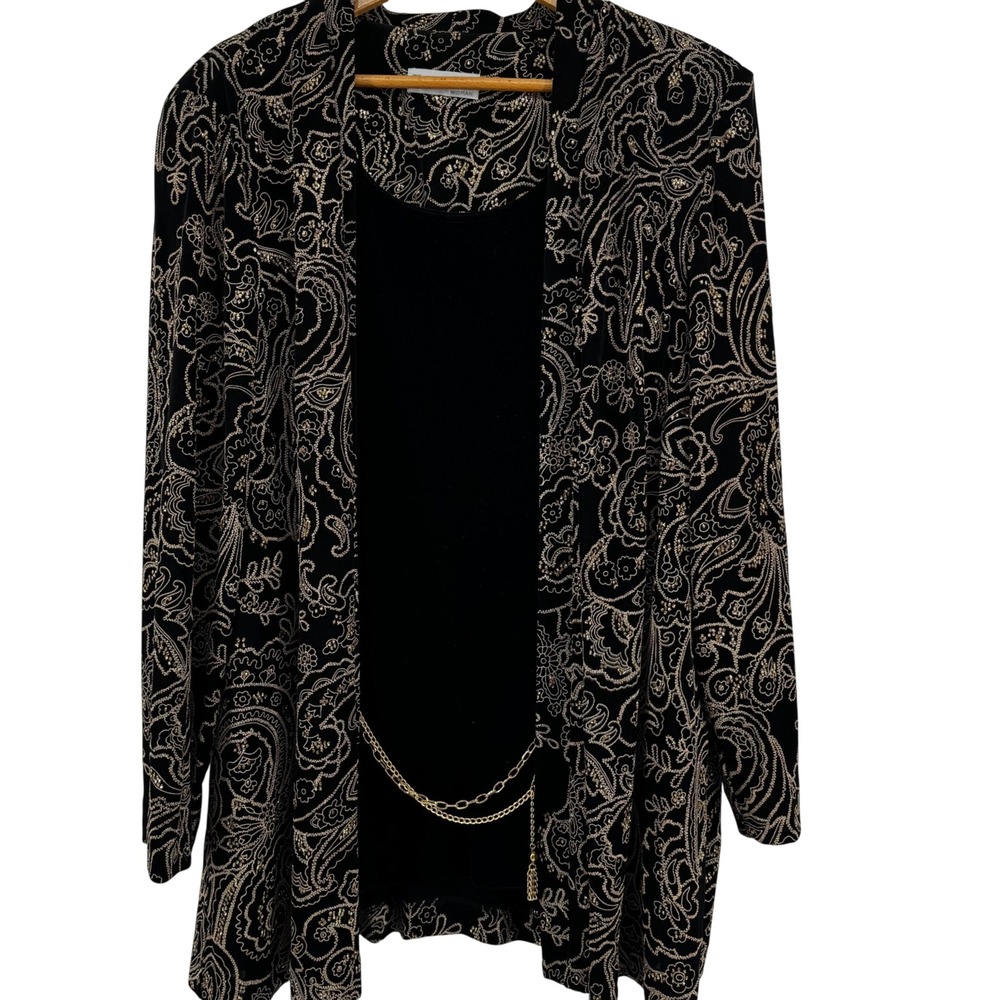Dressbarn Woman 2 Piece Velvet Pant Set Black Gold Paisley Cardigan Shell Chain
